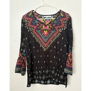 Love Kyla Anthropologie Black Multicolor‎ Viscose Long Sleeve Blouse Boho Indie